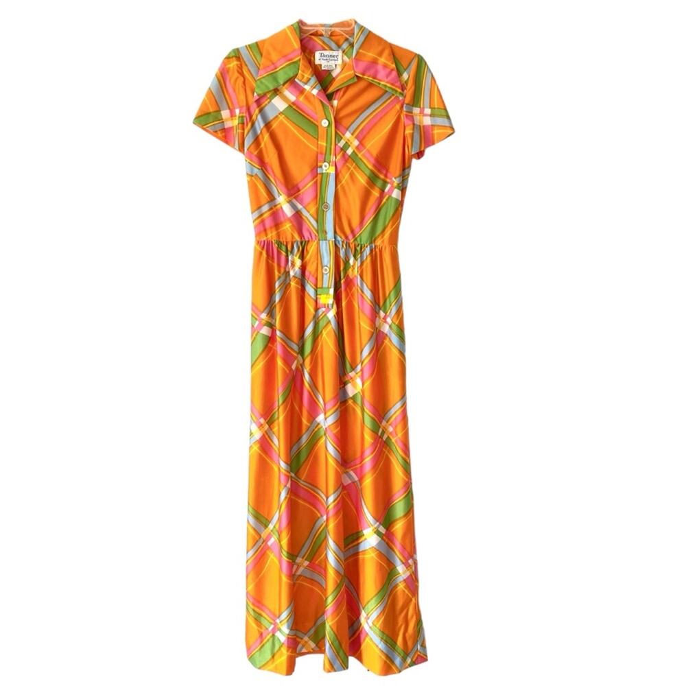 Tanner of North Caroline 60s 70s Retro Mod Maxi Dress Orange Green Button Down